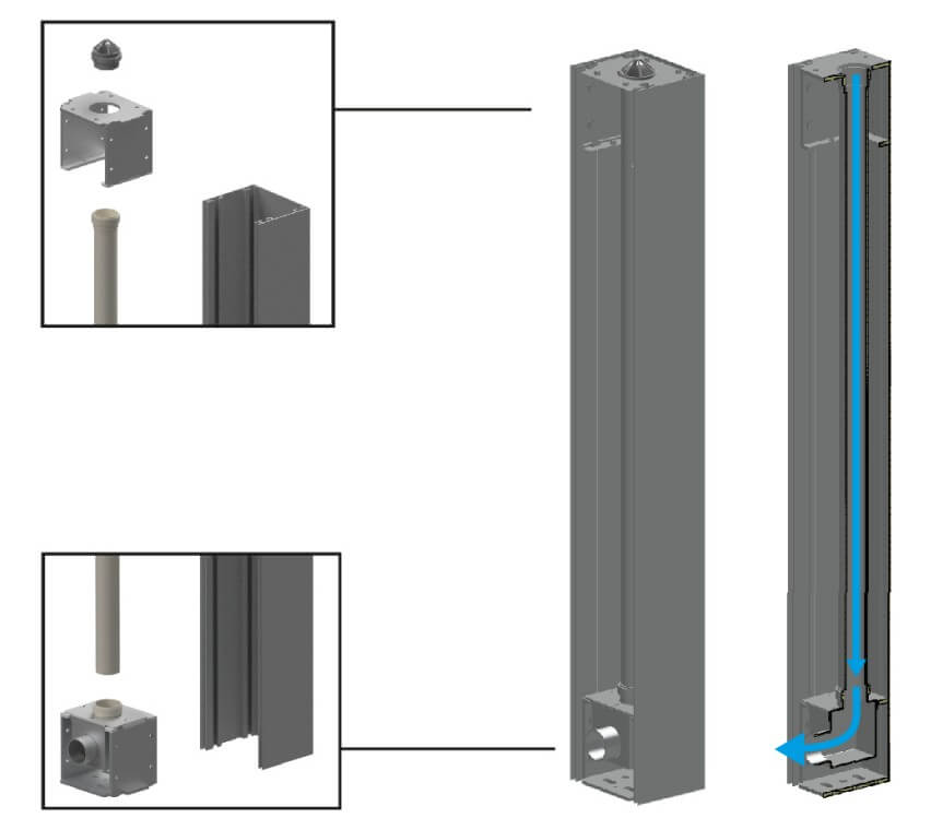 Évacuation finale de l’eau de pluie au sol depuis les piliers porteurs de la pergola étanche.
