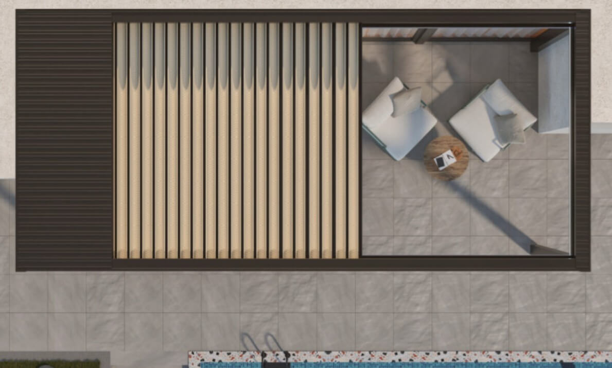 Pergola Styl Prestige avec toiture motorisée partiellement ouverte, montrant l’ombre et la luminosité sur la terrasse.