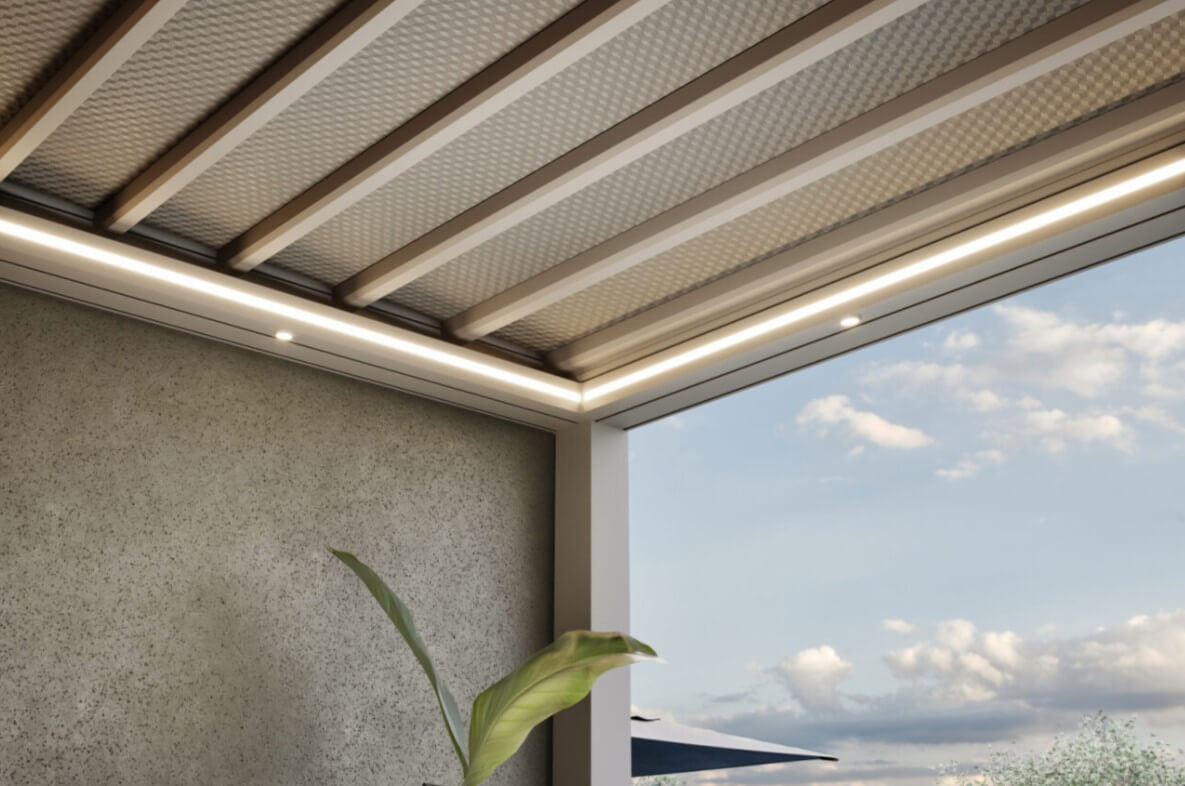 Zoom sur la membrane de la pergola Styl, montrant la qualité et l’étanchéité du matériau.