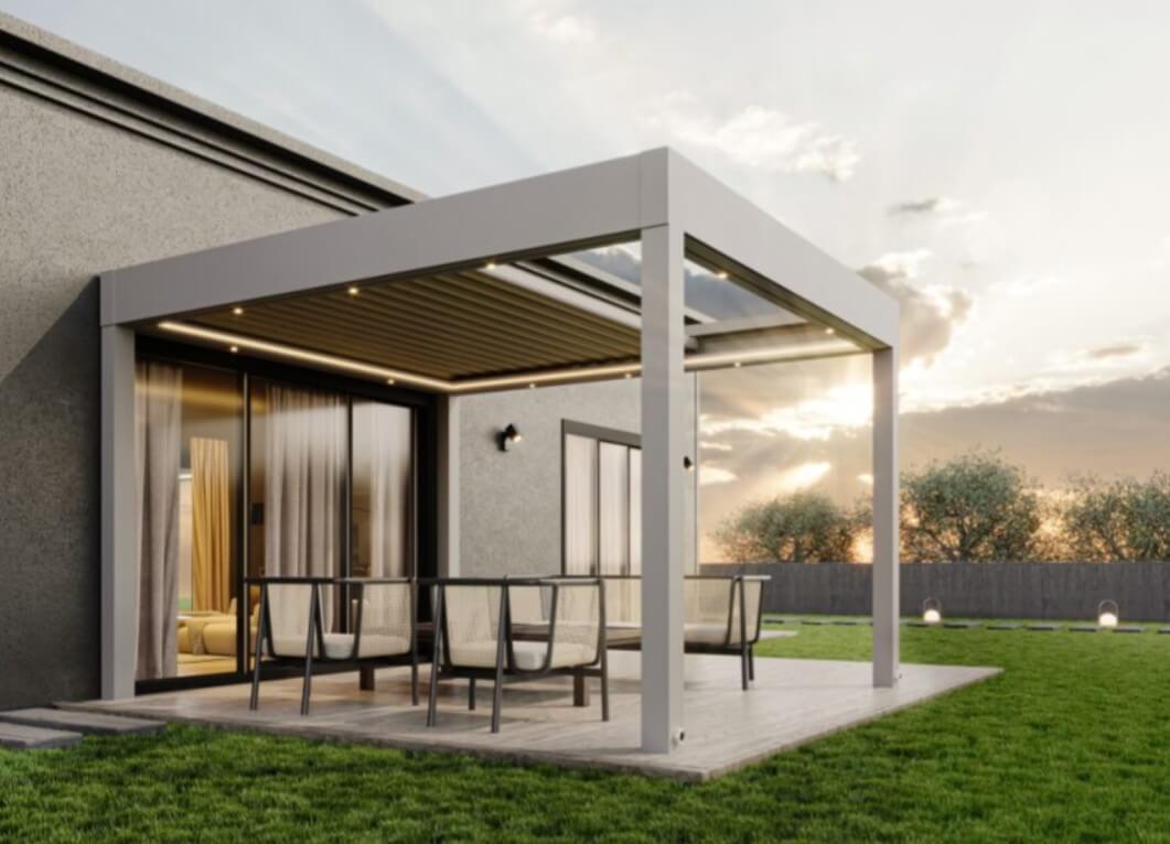 Pergola design dans un jardin moderne avec éclairage luxueux et chaleureux.