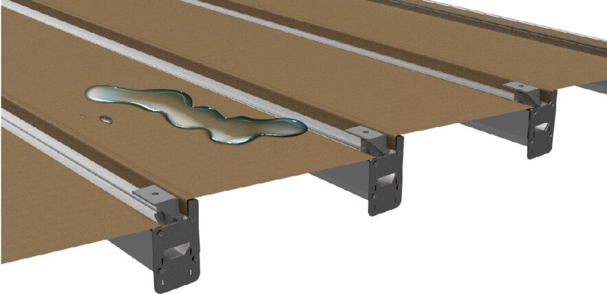 Pente intégrée à la membrane d’une pergola étanche, guidant l’eau de pluie vers les côtés pour un drainage efficace.