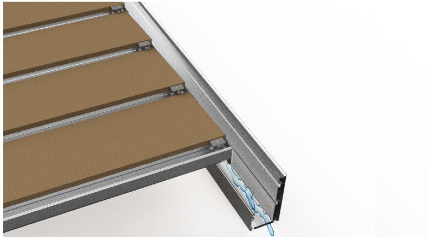 Zoom sur la gouttière latérale d’une pergola étanche, montrant le système de drainage efficace pour l’évacuation de l’eau.